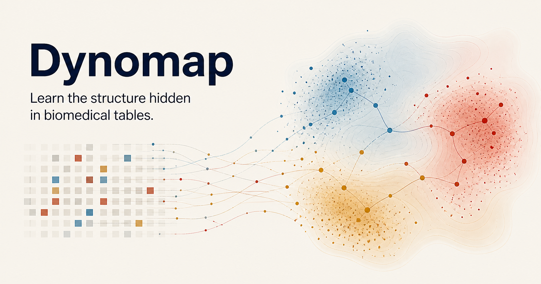 Dynomap cover: biomedical tables flowing into a learned spatial feature map.